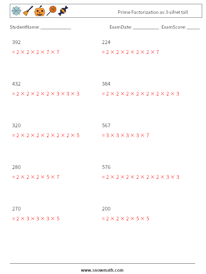 Prime Factorization av 3-sifret tall MathWorksheets 9 QuestionAnswer