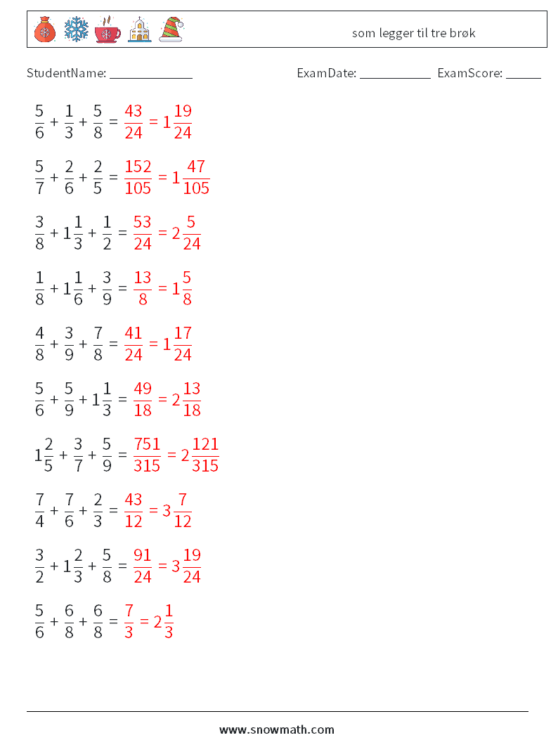 (10) som legger til tre brøk MathWorksheets 12 QuestionAnswer
