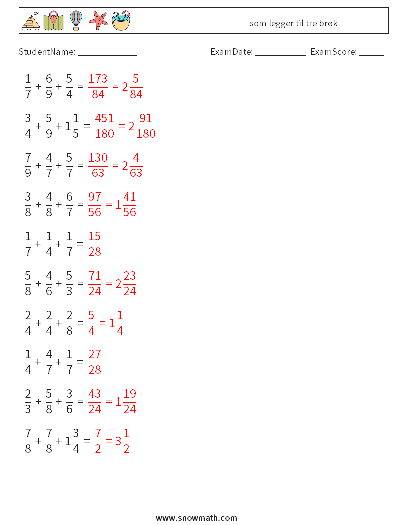 (10) som legger til tre brøk MathWorksheets 13 QuestionAnswer