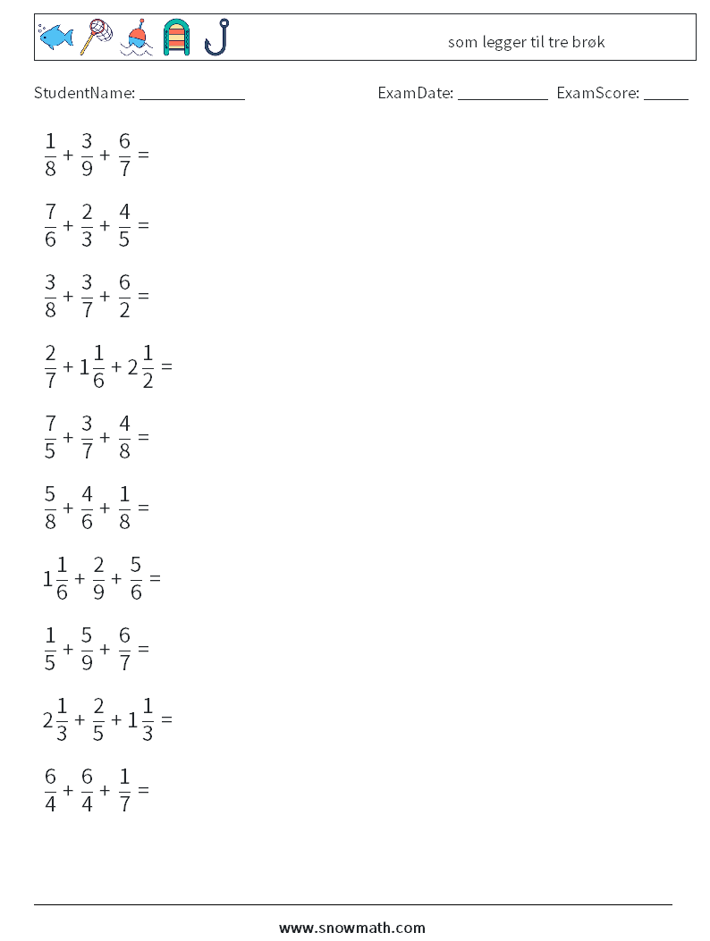 (10) som legger til tre brøk MathWorksheets 15