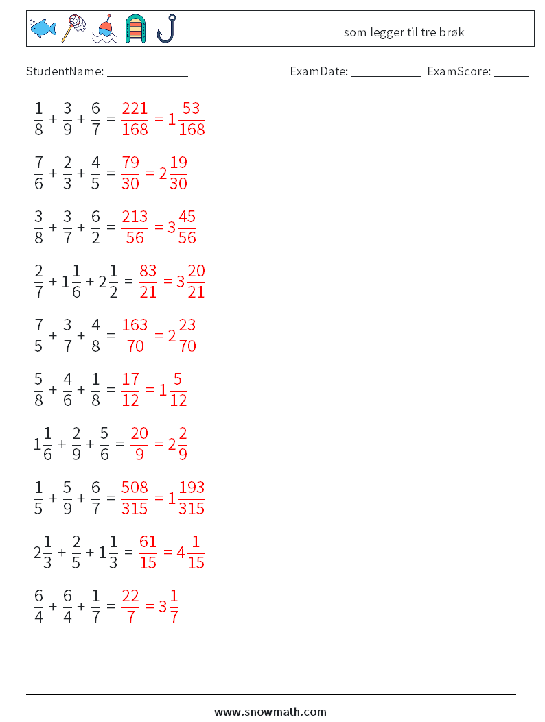 (10) som legger til tre brøk MathWorksheets 15 QuestionAnswer