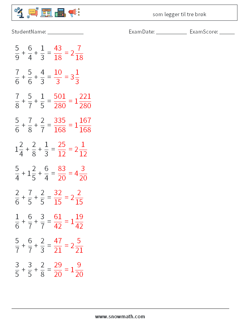 (10) som legger til tre brøk MathWorksheets 1 QuestionAnswer