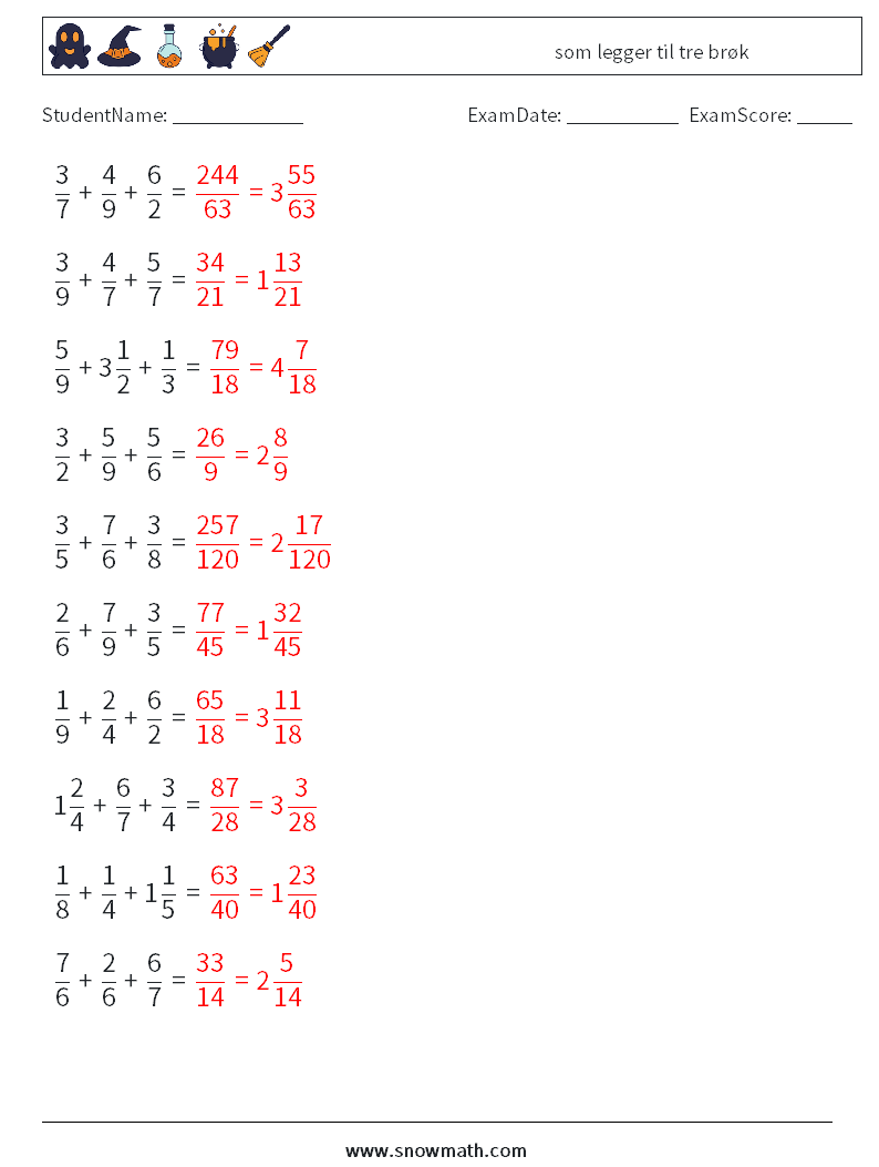 (10) som legger til tre brøk MathWorksheets 2 QuestionAnswer