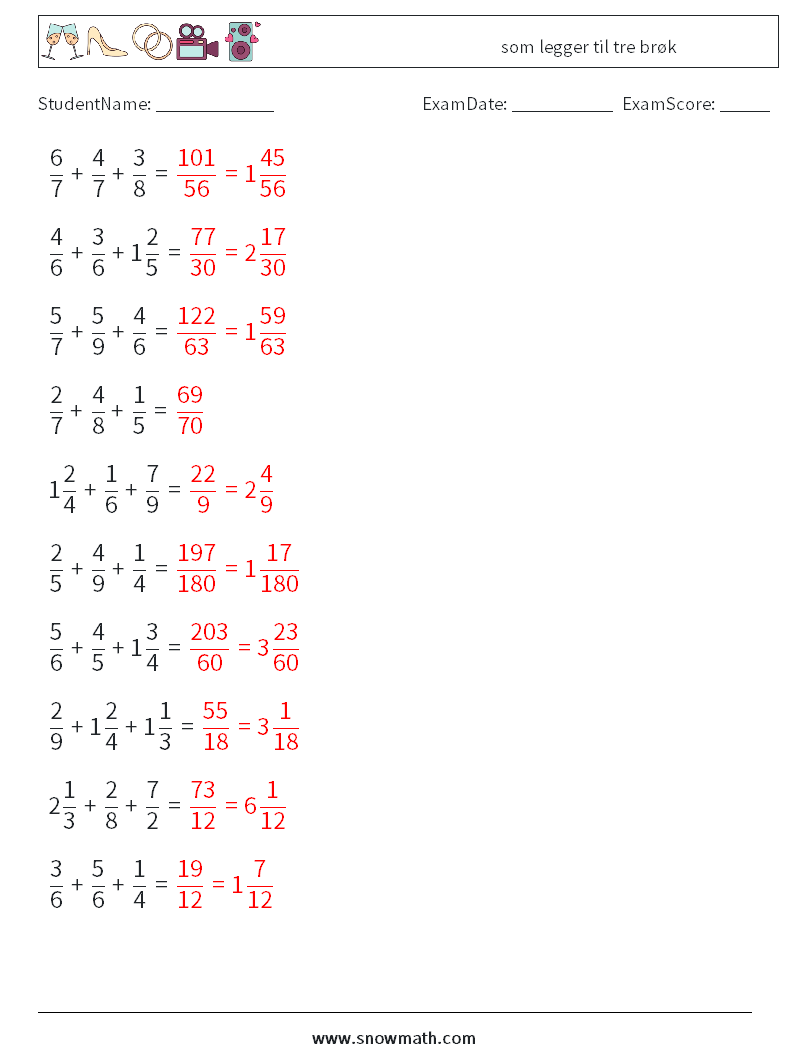 (10) som legger til tre brøk MathWorksheets 3 QuestionAnswer