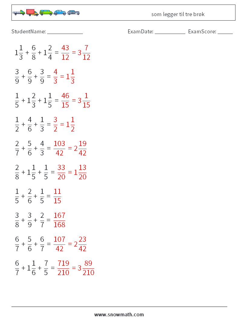 (10) som legger til tre brøk MathWorksheets 4 QuestionAnswer