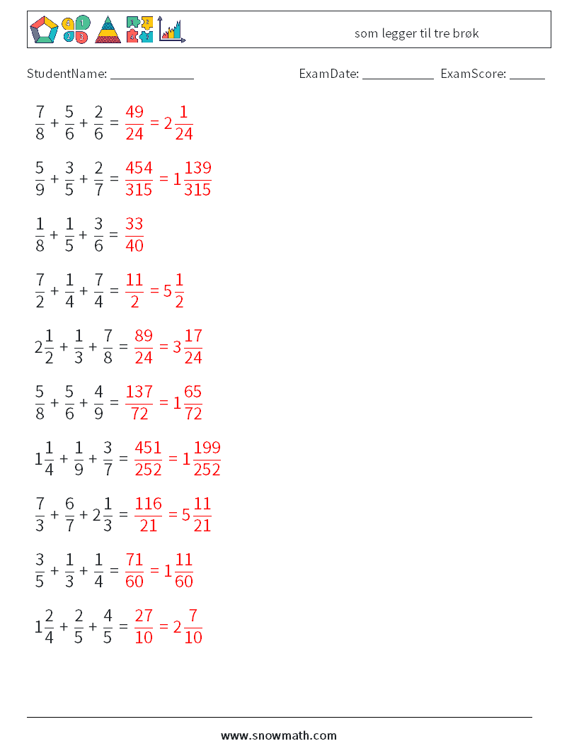 (10) som legger til tre brøk MathWorksheets 6 QuestionAnswer