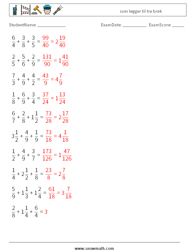 (10) som legger til tre brøk MathWorksheets 8 QuestionAnswer