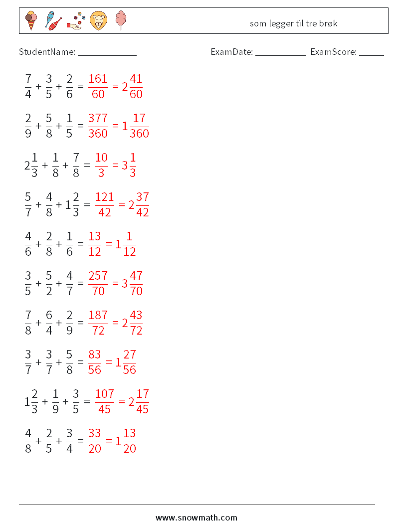 (10) som legger til tre brøk MathWorksheets 9 QuestionAnswer