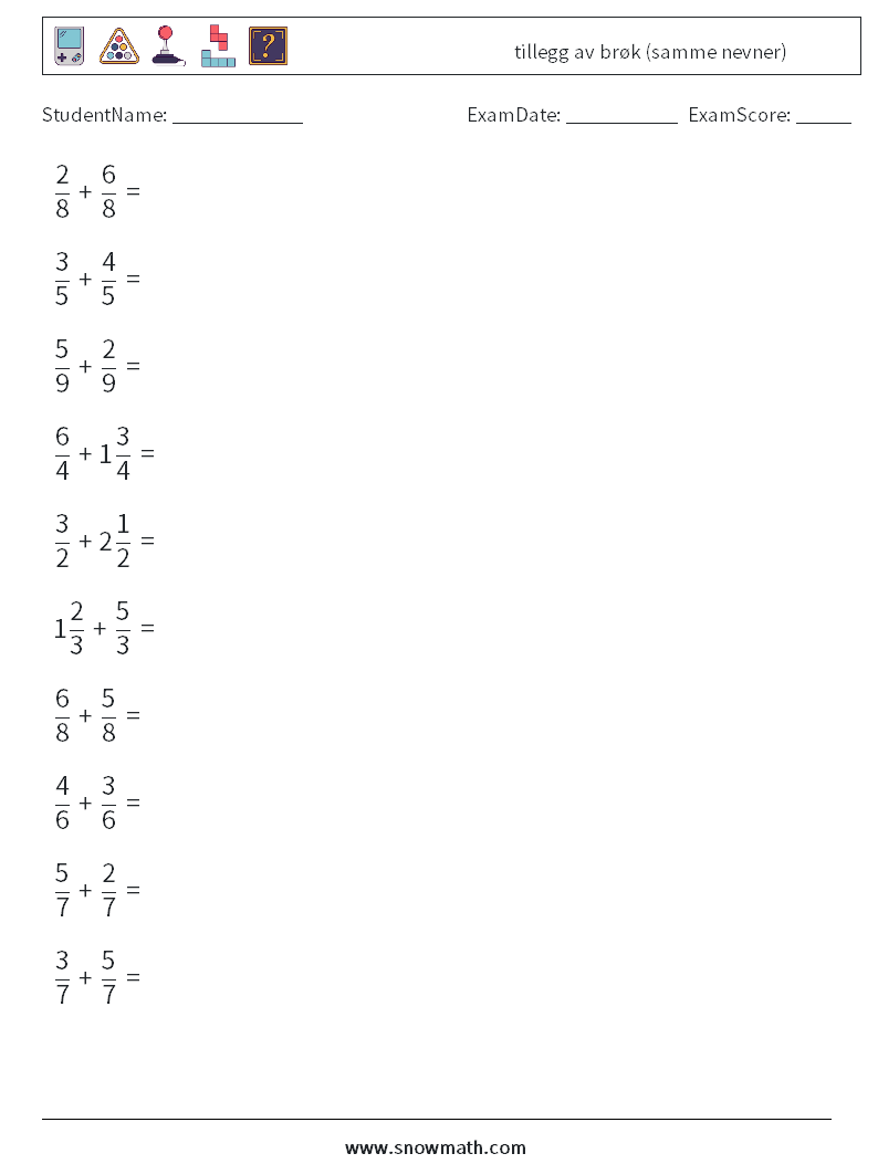 (10) tillegg av brøk (samme nevner) MathWorksheets 1