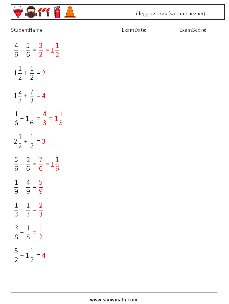 (10) tillegg av brøk (samme nevner) MathWorksheets 10 QuestionAnswer