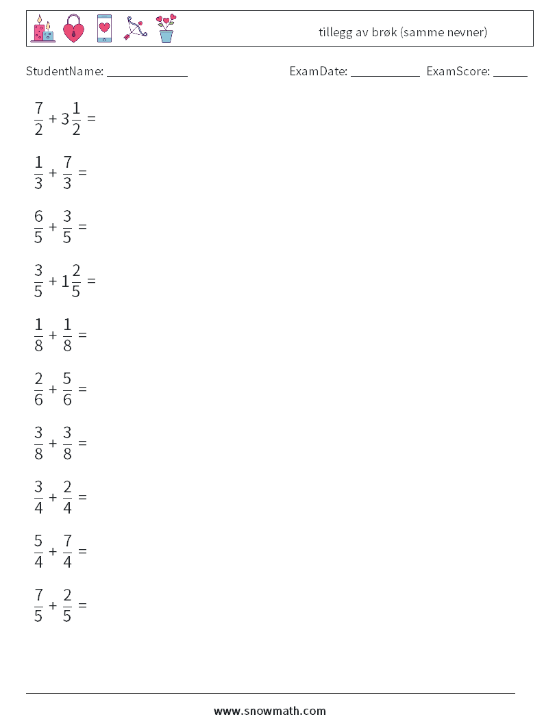 (10) tillegg av brøk (samme nevner) MathWorksheets 11