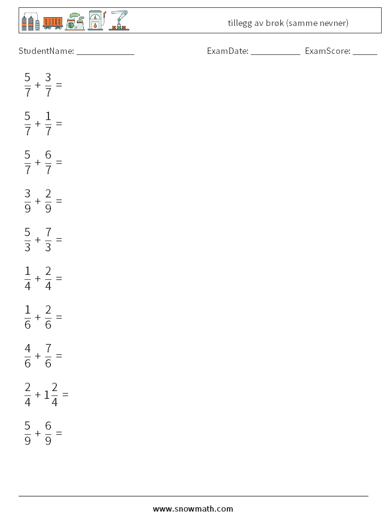 (10) tillegg av brøk (samme nevner) MathWorksheets 12