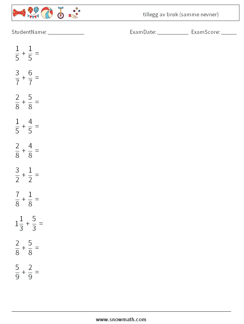 (10) tillegg av brøk (samme nevner) MathWorksheets 14