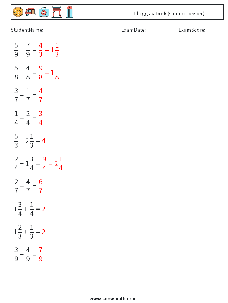 (10) tillegg av brøk (samme nevner) MathWorksheets 15 QuestionAnswer