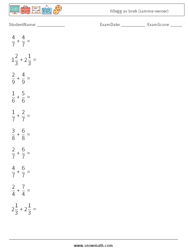 (10) tillegg av brøk (samme nevner) MathWorksheets 16