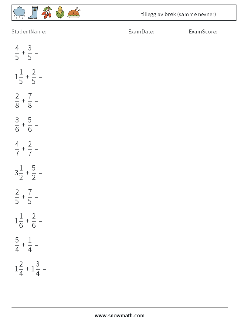 (10) tillegg av brøk (samme nevner) MathWorksheets 17