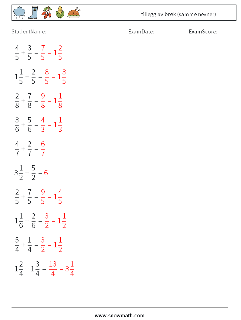 (10) tillegg av brøk (samme nevner) MathWorksheets 17 QuestionAnswer