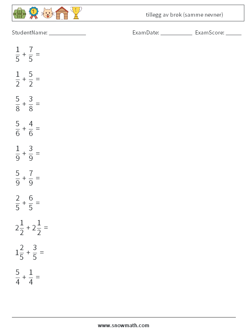 (10) tillegg av brøk (samme nevner) MathWorksheets 18