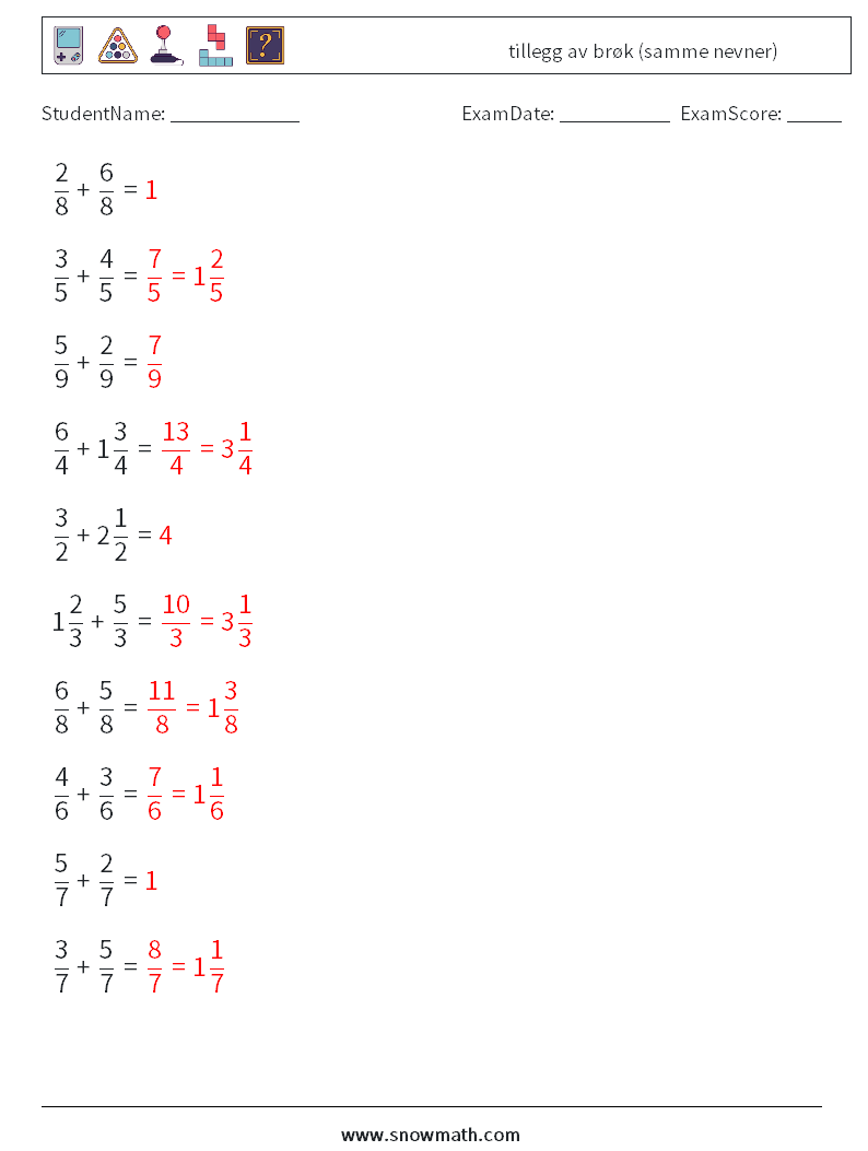 (10) tillegg av brøk (samme nevner) MathWorksheets 1 QuestionAnswer