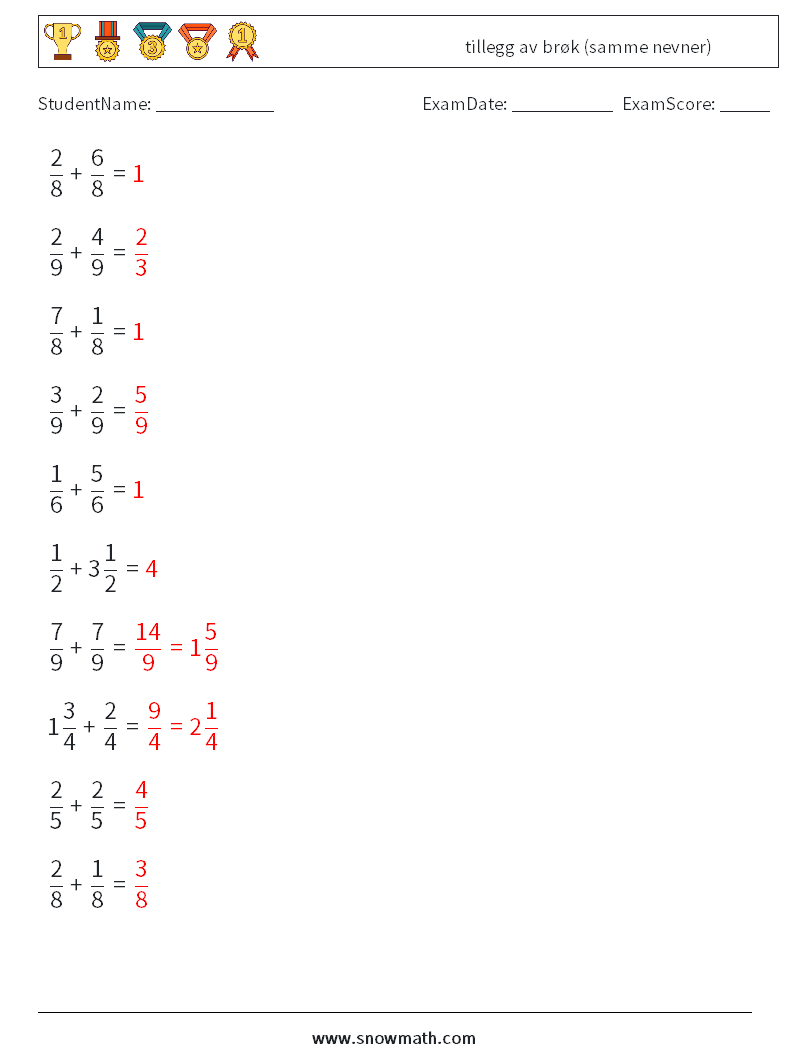 (10) tillegg av brøk (samme nevner) MathWorksheets 2 QuestionAnswer