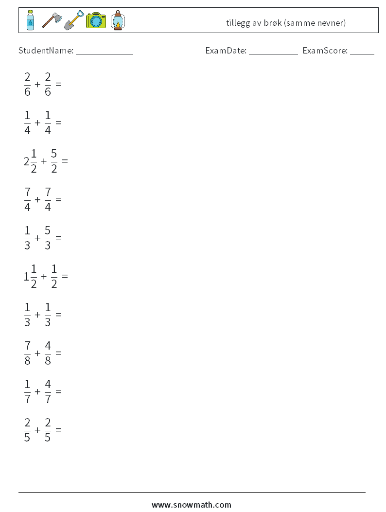 (10) tillegg av brøk (samme nevner) MathWorksheets 3