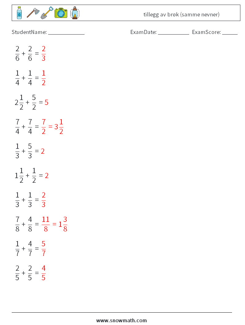 (10) tillegg av brøk (samme nevner) MathWorksheets 3 QuestionAnswer