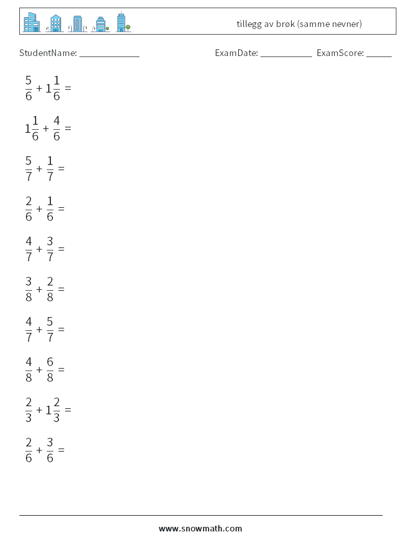 (10) tillegg av brøk (samme nevner) MathWorksheets 4