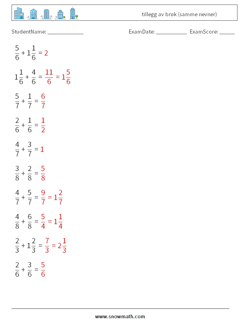 (10) tillegg av brøk (samme nevner) MathWorksheets 4 QuestionAnswer