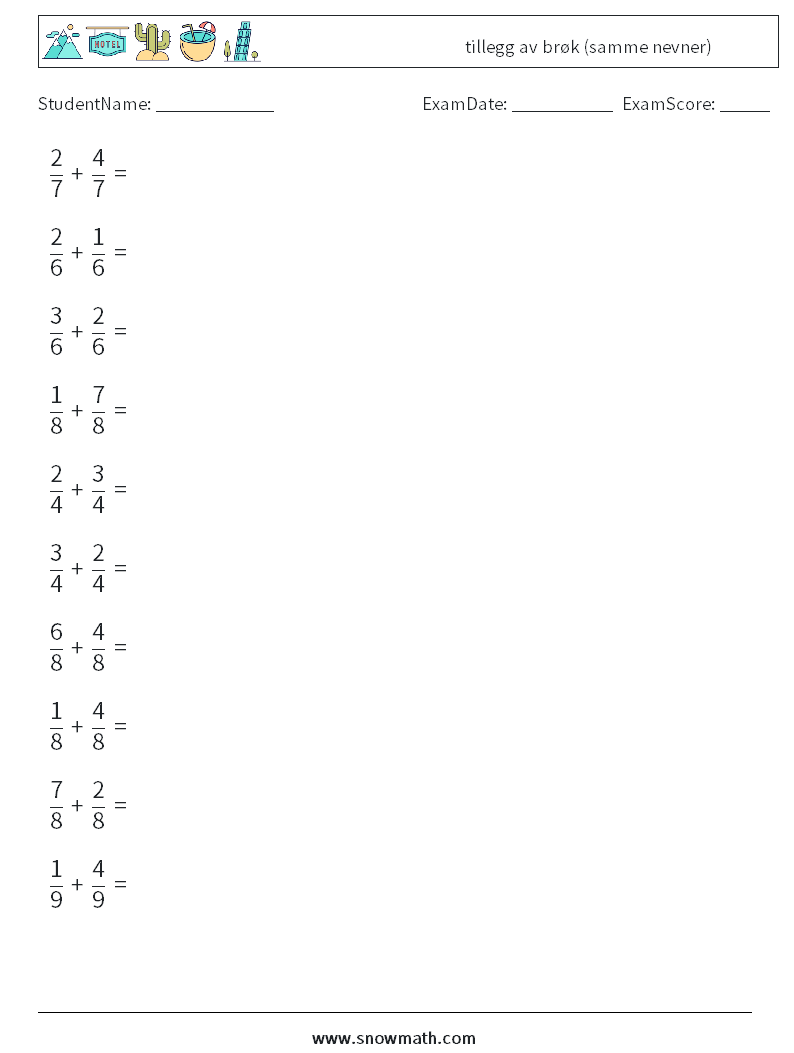 (10) tillegg av brøk (samme nevner) MathWorksheets 5