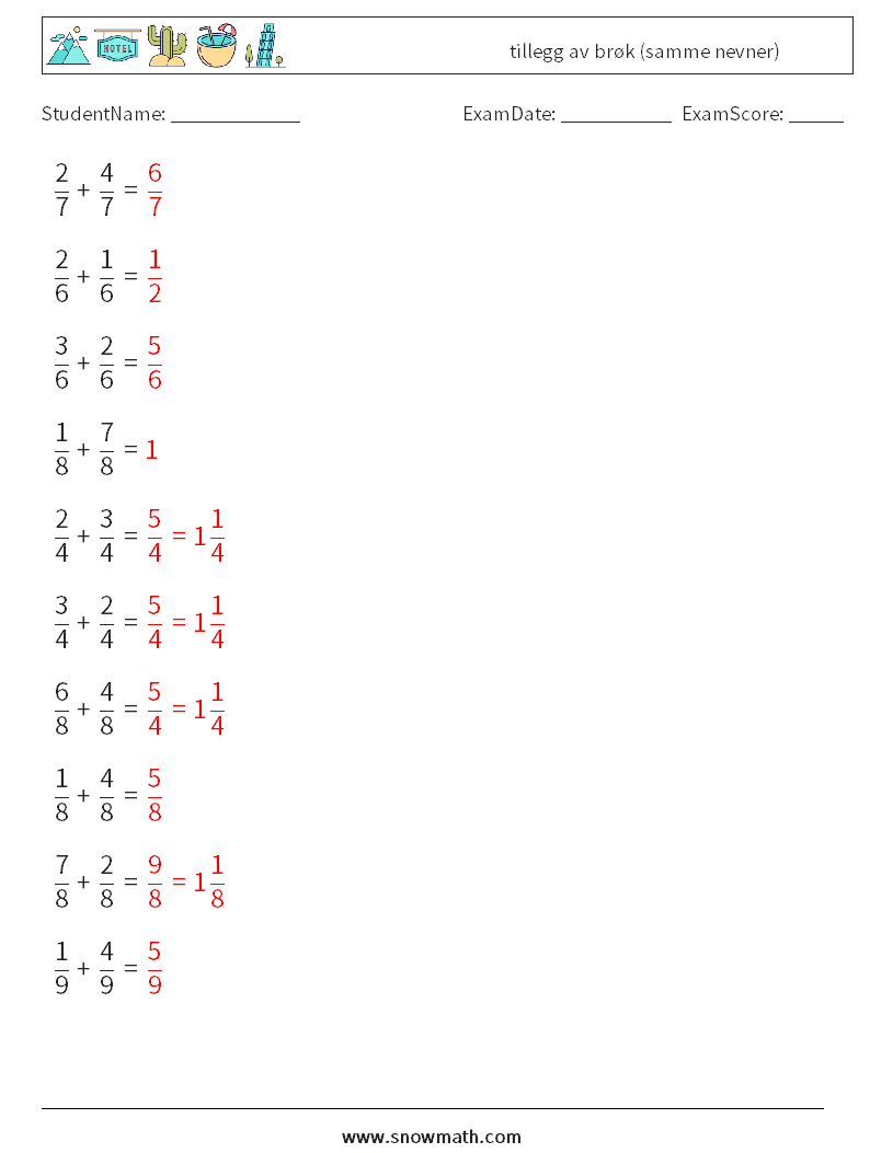 (10) tillegg av brøk (samme nevner) MathWorksheets 5 QuestionAnswer