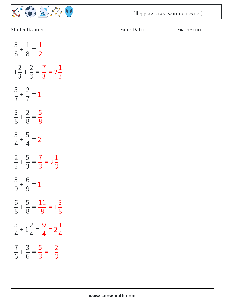 (10) tillegg av brøk (samme nevner) MathWorksheets 6 QuestionAnswer