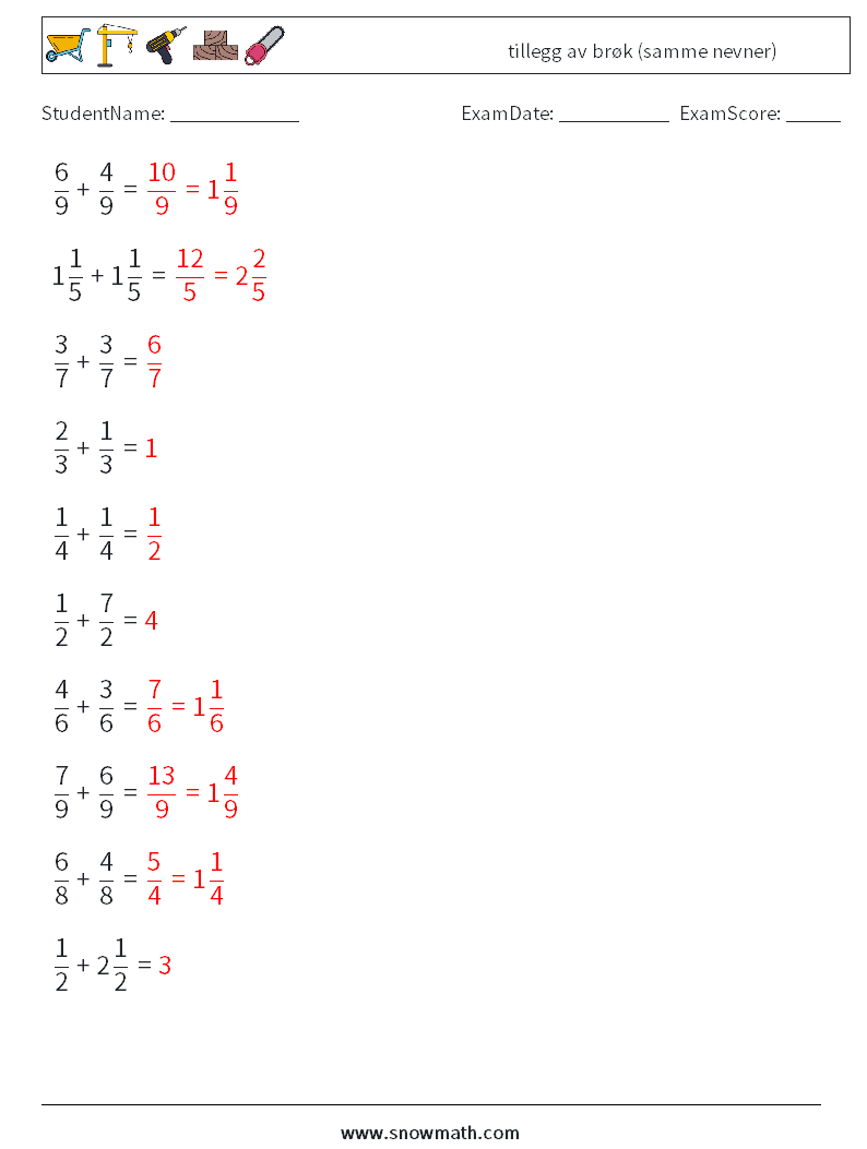 (10) tillegg av brøk (samme nevner) MathWorksheets 7 QuestionAnswer