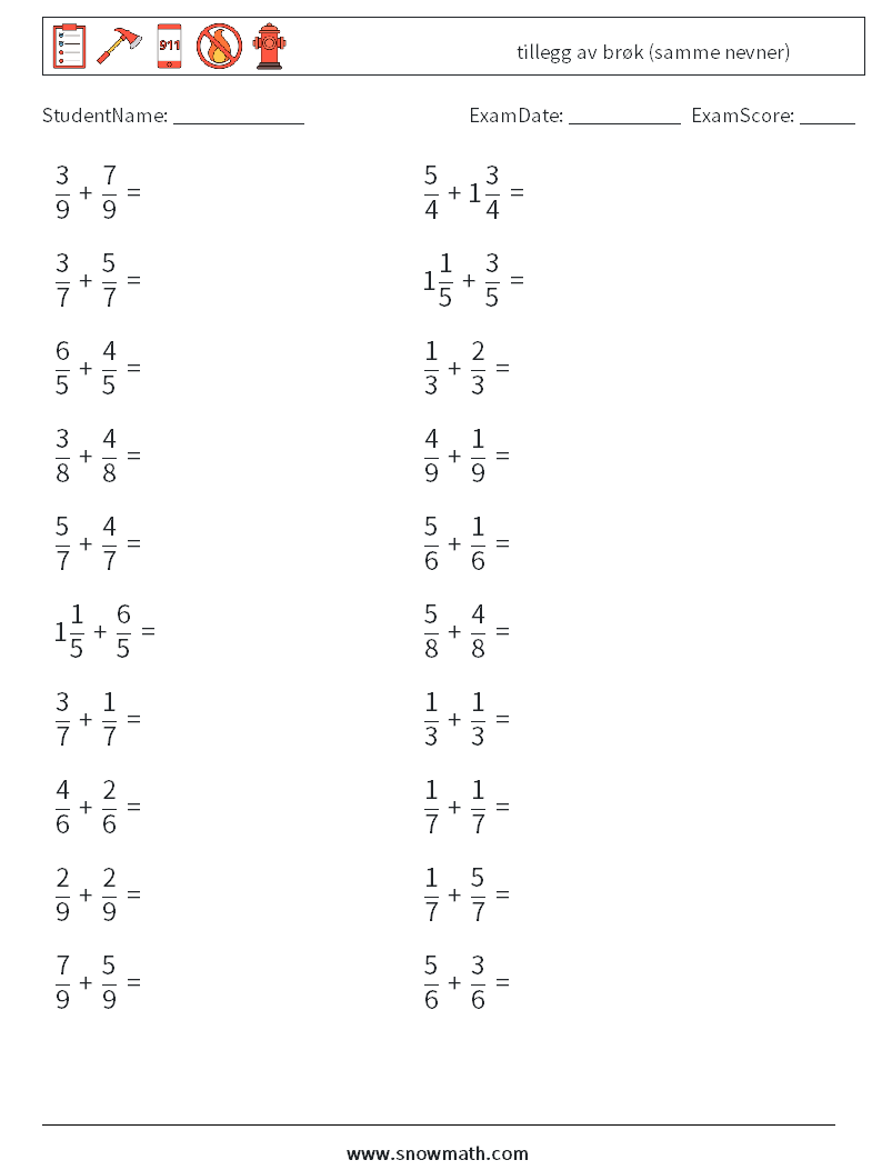 (20) tillegg av brøk (samme nevner) MathWorksheets 1