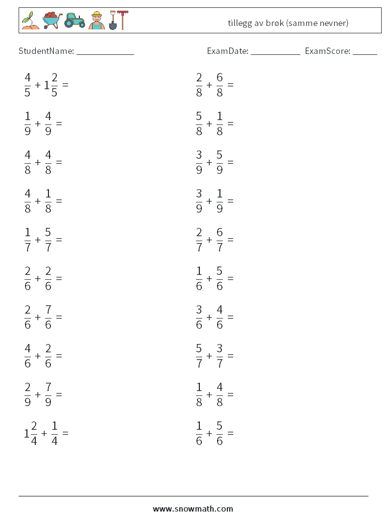 (20) tillegg av brøk (samme nevner) MathWorksheets 10