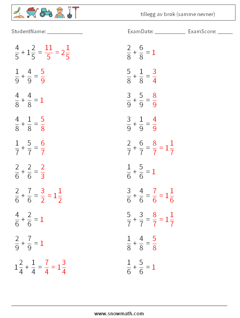 (20) tillegg av brøk (samme nevner) MathWorksheets 10 QuestionAnswer
