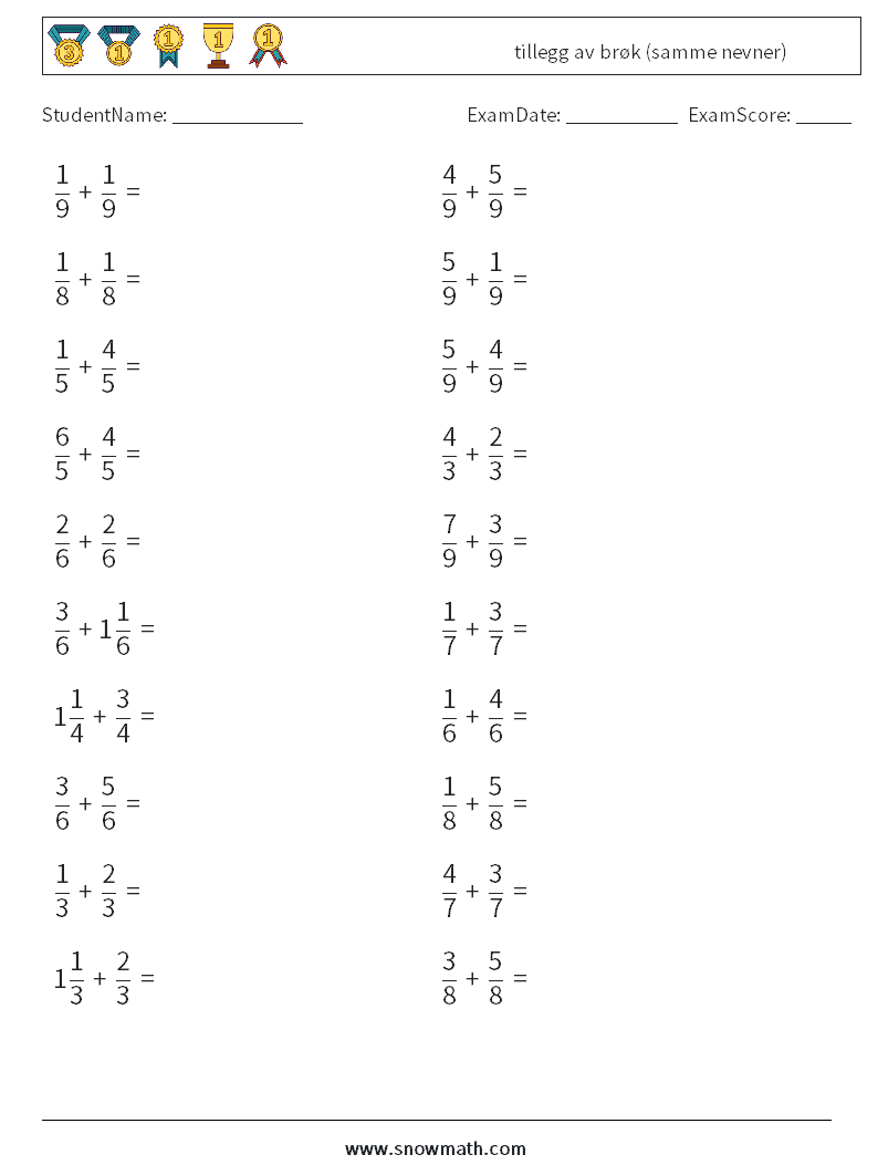 (20) tillegg av brøk (samme nevner) MathWorksheets 11