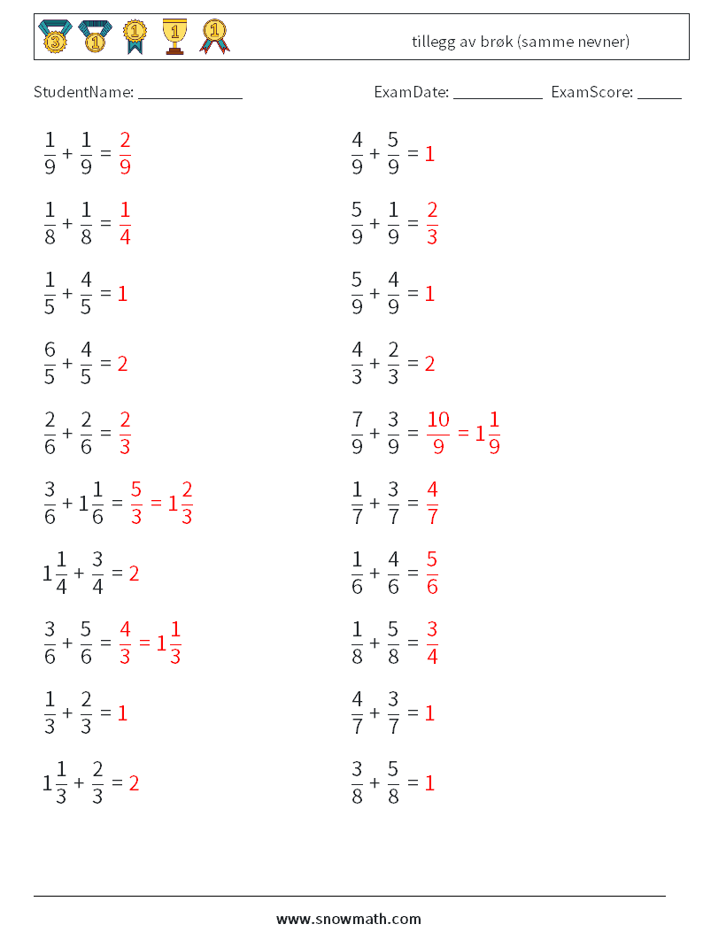 (20) tillegg av brøk (samme nevner) MathWorksheets 11 QuestionAnswer