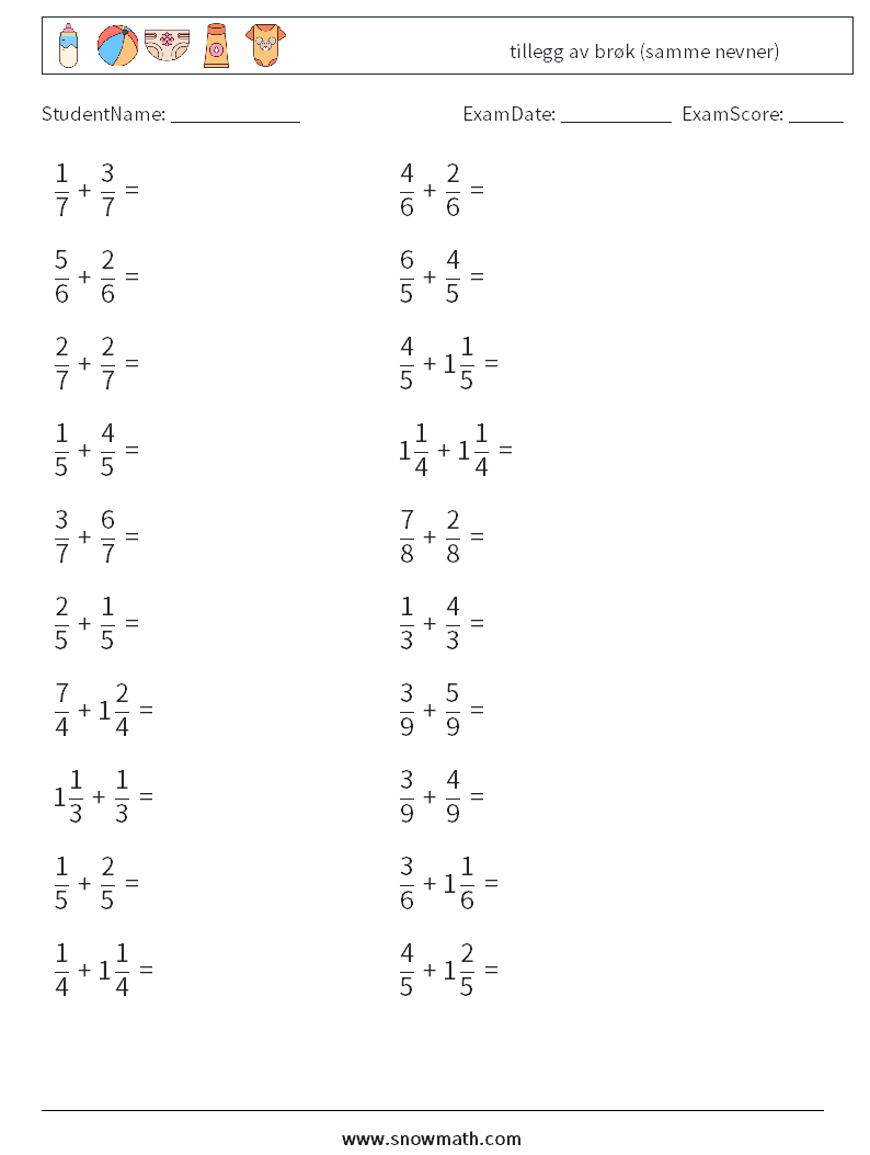 (20) tillegg av brøk (samme nevner) MathWorksheets 12