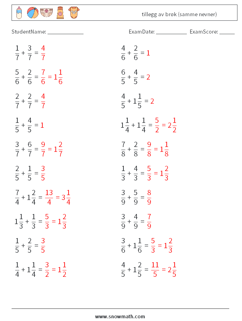 (20) tillegg av brøk (samme nevner) MathWorksheets 12 QuestionAnswer