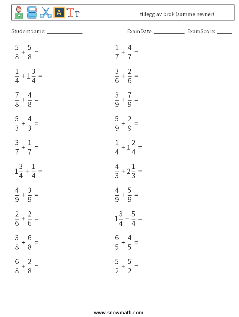 (20) tillegg av brøk (samme nevner) MathWorksheets 13