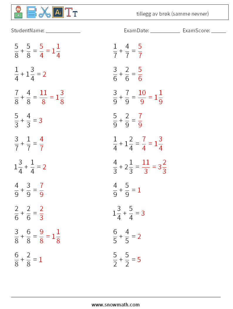 (20) tillegg av brøk (samme nevner) MathWorksheets 13 QuestionAnswer