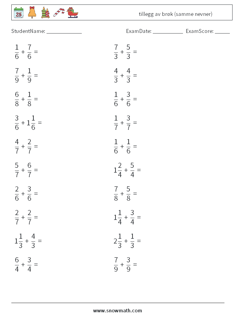 (20) tillegg av brøk (samme nevner) MathWorksheets 14