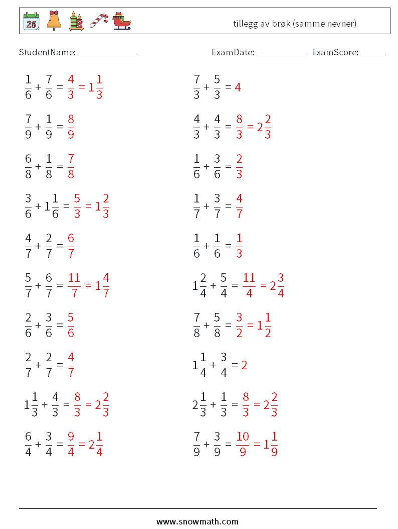 (20) tillegg av brøk (samme nevner) MathWorksheets 14 QuestionAnswer
