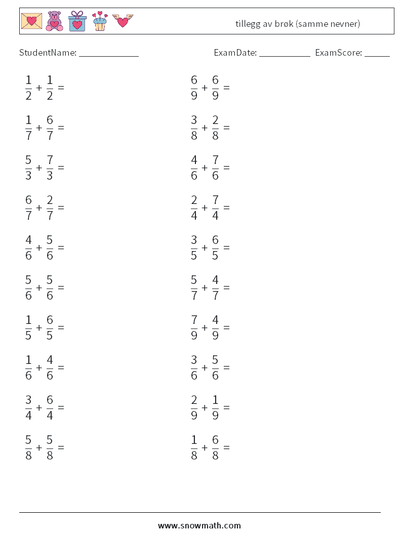 (20) tillegg av brøk (samme nevner) MathWorksheets 15