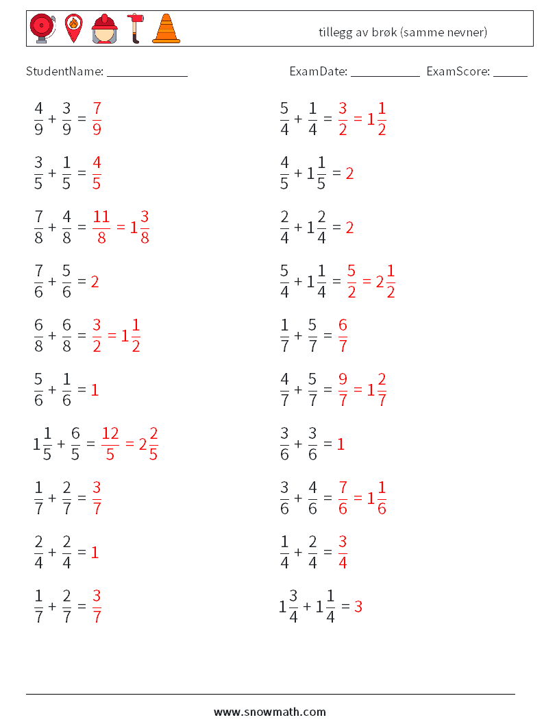 (20) tillegg av brøk (samme nevner) MathWorksheets 16 QuestionAnswer