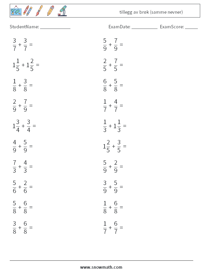 (20) tillegg av brøk (samme nevner) MathWorksheets 17
