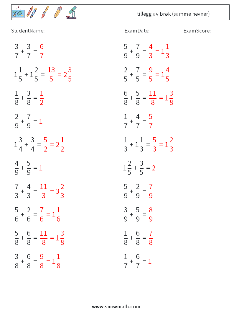 (20) tillegg av brøk (samme nevner) MathWorksheets 17 QuestionAnswer