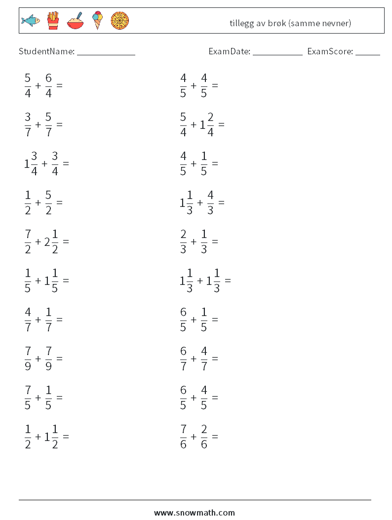 (20) tillegg av brøk (samme nevner) MathWorksheets 18