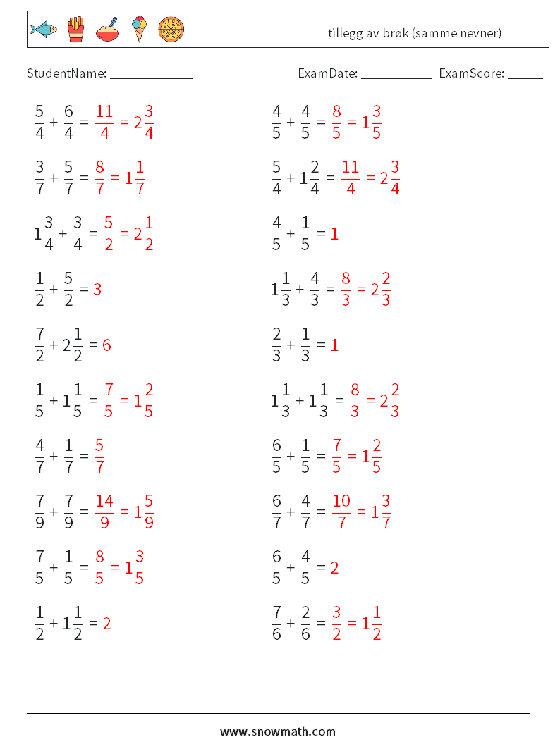 (20) tillegg av brøk (samme nevner) MathWorksheets 18 QuestionAnswer