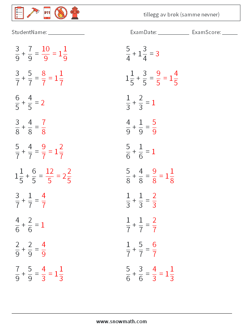 (20) tillegg av brøk (samme nevner) MathWorksheets 1 QuestionAnswer
